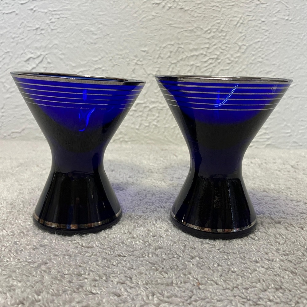Vintage Set of 2 Cobalt Blue Cocktail‎ Glasses with Silver Platinum Banding MCM
